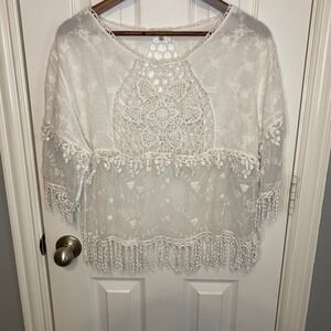 Amber Sky Women's XL Crochet Lace Boho Top White Floral Fringe Cottagecore